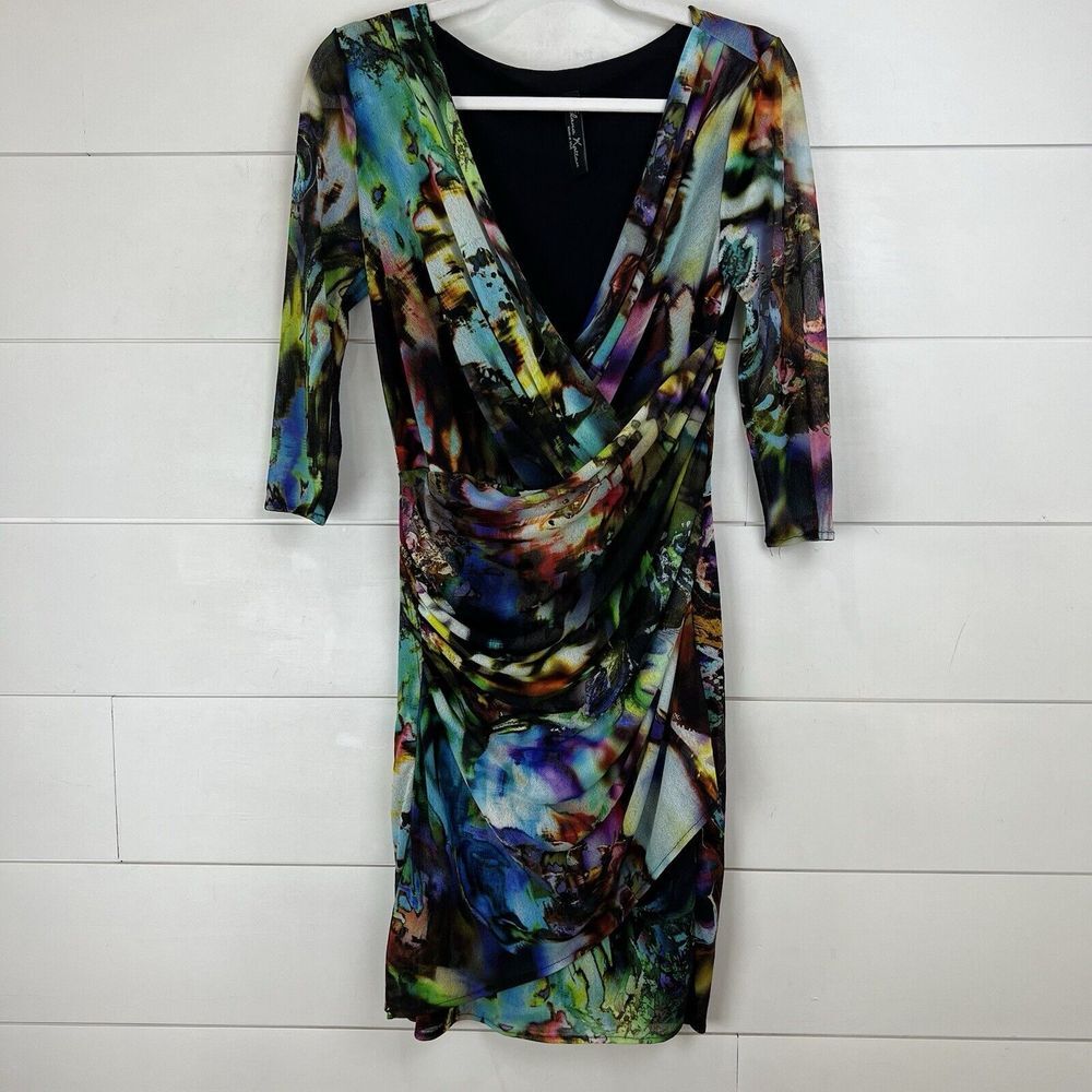 Elana Kattan Vibrant Faux Wrap Dress Women‎ Small Long Sleeve Mesh